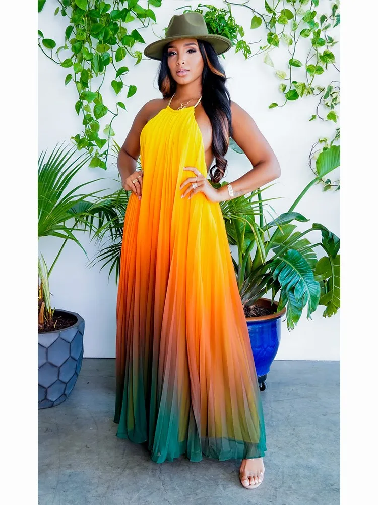 Summer Cover Ups Women Swimsuit Halter Sleeveless Robes Bathing Suit 2022 New Gradient Print Beach Holiday Maxi Dresses Cover-Up