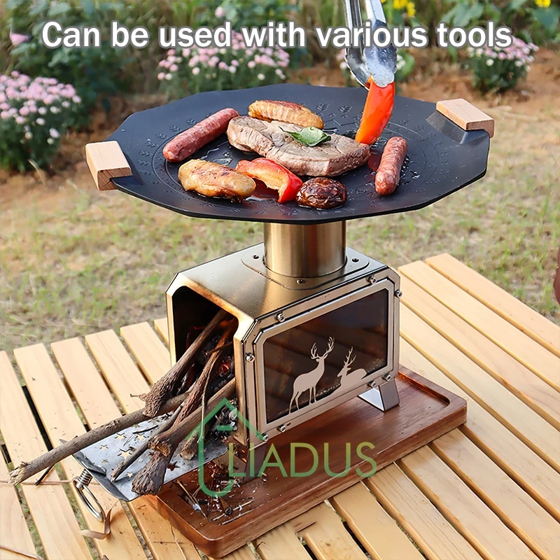 Outdoor Stainless Steel Wood Burning Stove Tent Camping Heating Barbecue Stove Picnic Folding Bring Oven Function Cookware Stove