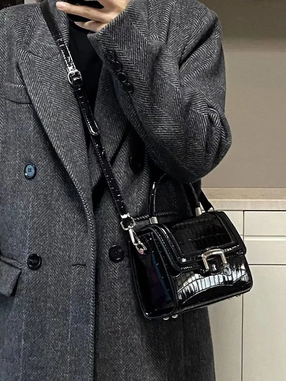 Bloom Retro Black Messenger Women High Street Crocodile Handle Chic Leather Y2k Bag Female Vintage Square Crossbody Bags