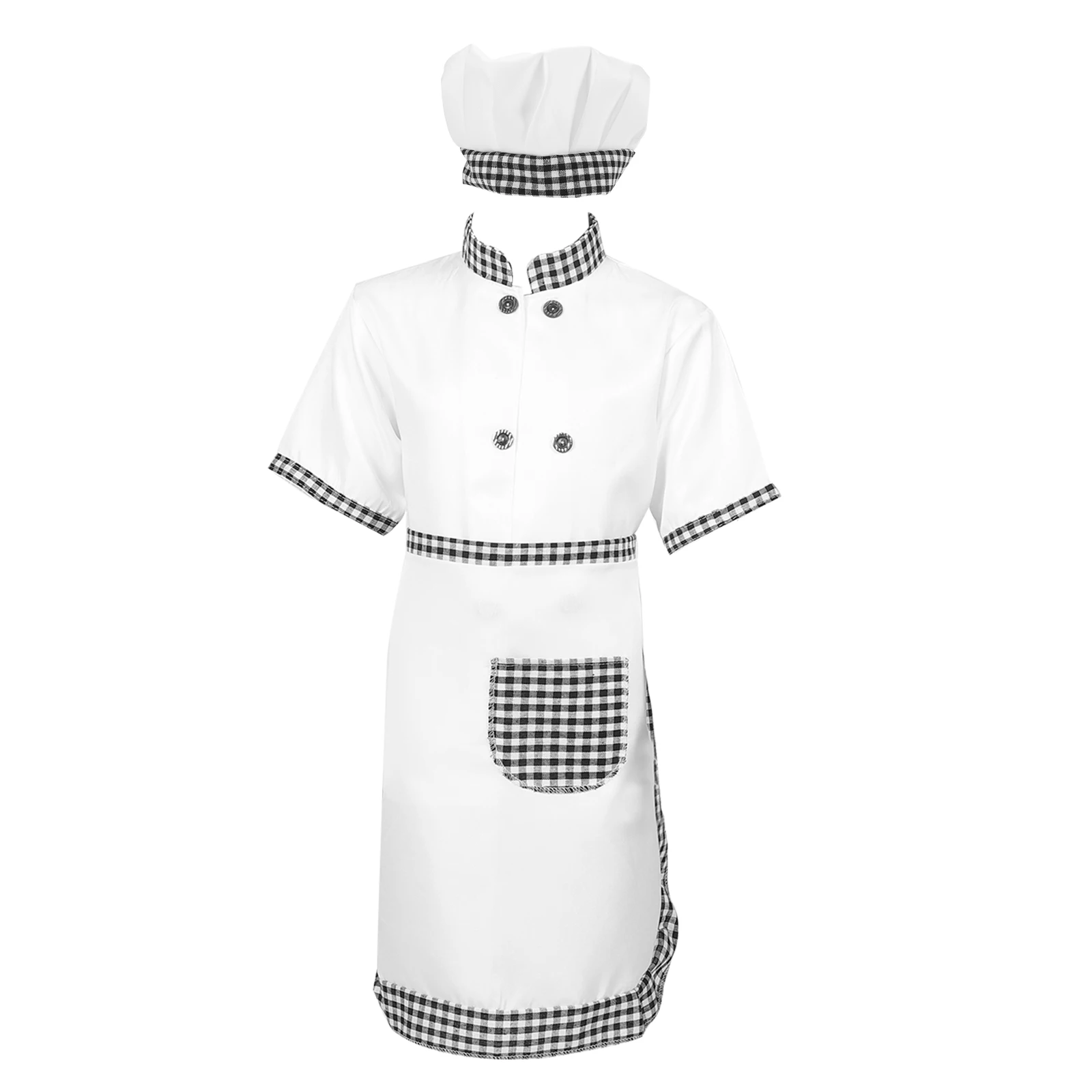 

Children Chef Costume 110cm Gray Check Short Sleeve Kids Cooking Apron Hat Toddler Chef Outfit Set Baking Kitchen Playwear
