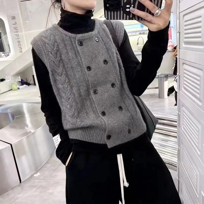 Thickened Knitted Twisted Sweater Vest Open Cardigan Women's Autumn Winter Layering No-Sleeve Shoulder Top round Neck Double ...