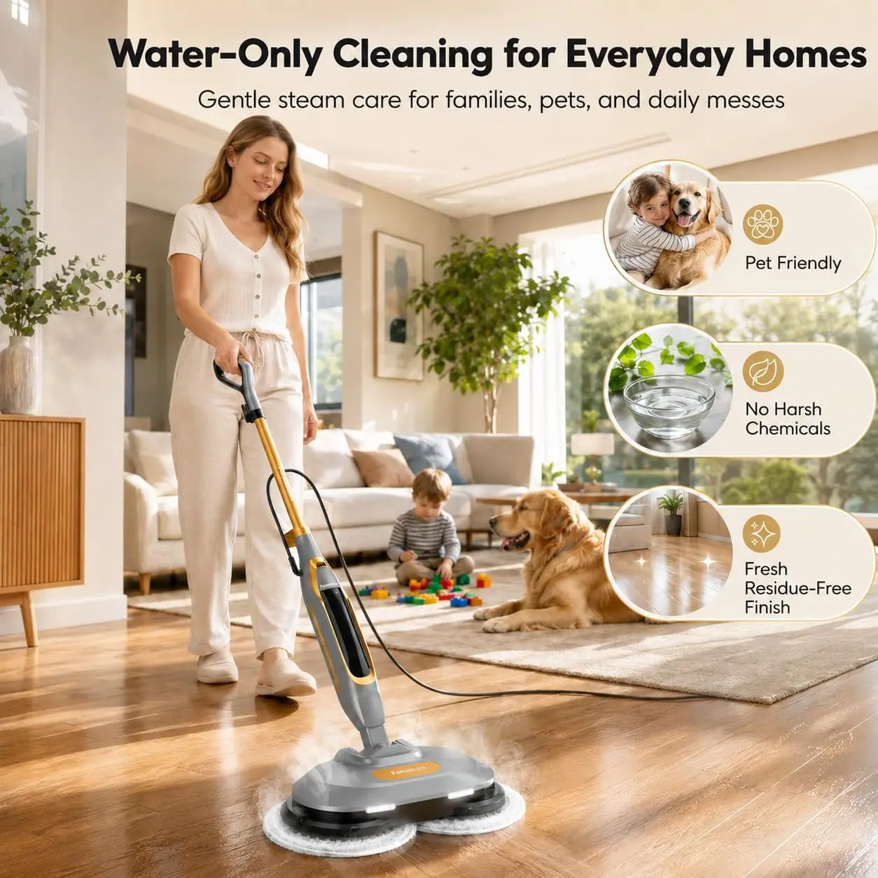 Electric Steam Mop, Steam and Scrub Mop with Dual Rotating Pads, LED Headlight, Large Water Tank, 21 ft Cord, Washable Pads for