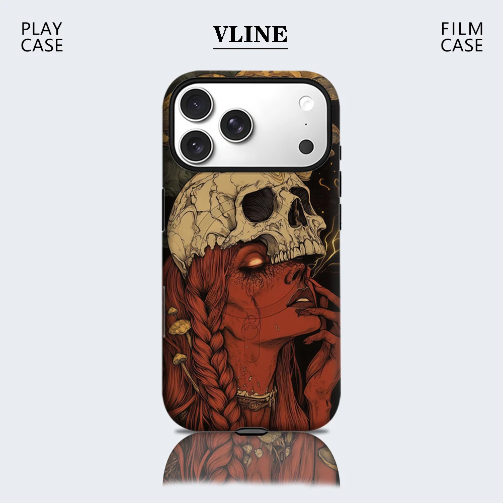Totenkopf- und Pilz-Halloween-Handyhülle für magnetische iPhone 17 16 15 14 13 Pro Max Plus Einzel- und Doppelschichtige robuste Hülle