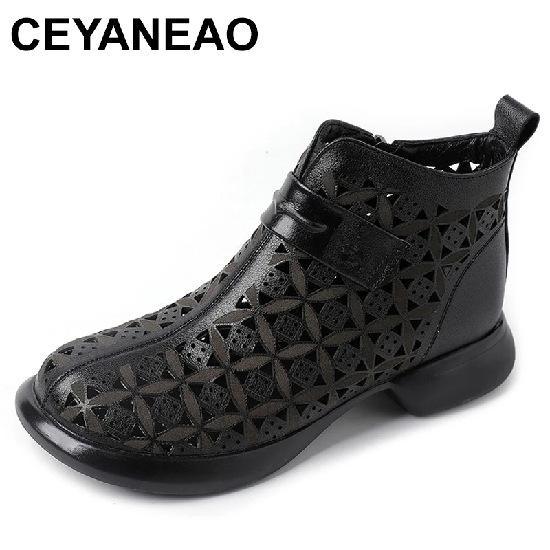 

Summer Ankle Boots Genuine Leather Shoes Women Low Heels Sandals Side Zip Boots Cutout Breathable Mujer Zapatos