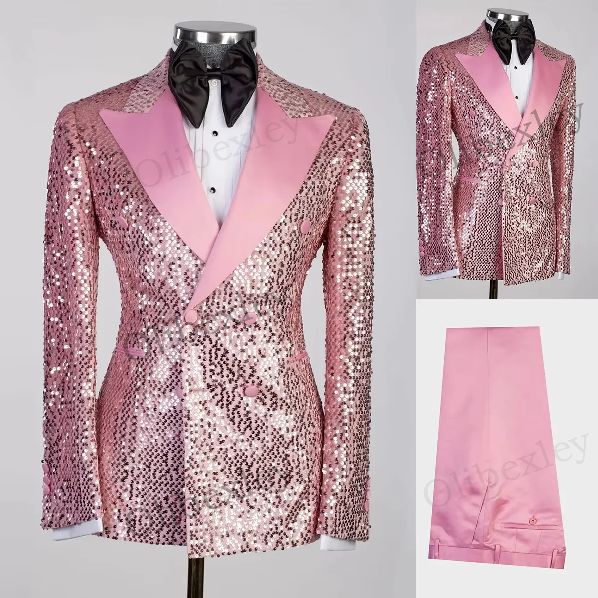 

Luxury Classic Pink Tuxedo 2 Pieces For Men Customized Sequined One Button Slim Fit Wedding Groom Business Dinner