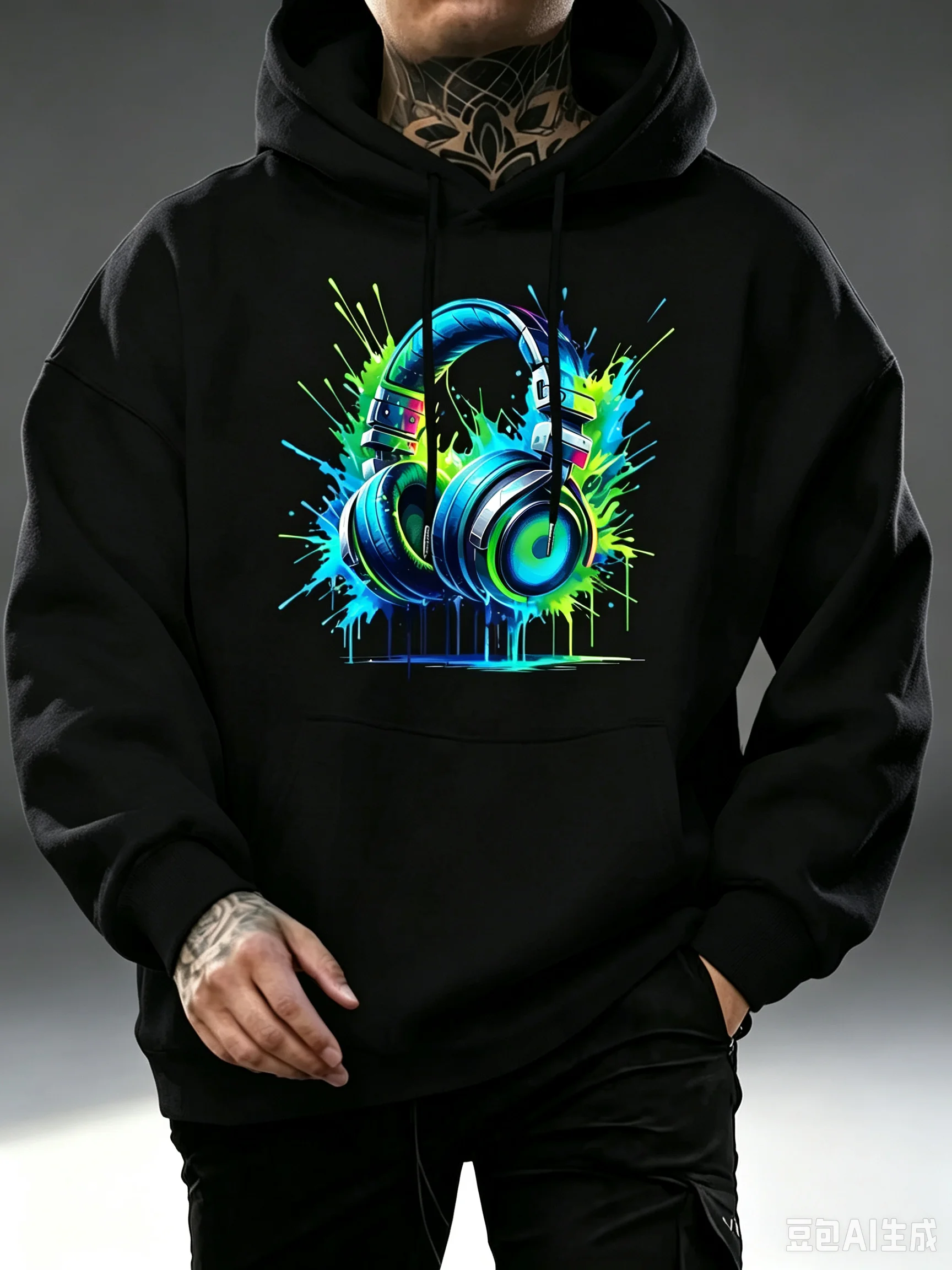 Men's New Models Are Printed with Personalized and Cool Earphone Pattern Printing, Casual Sweater, Fashionable Drawstring Hoodie