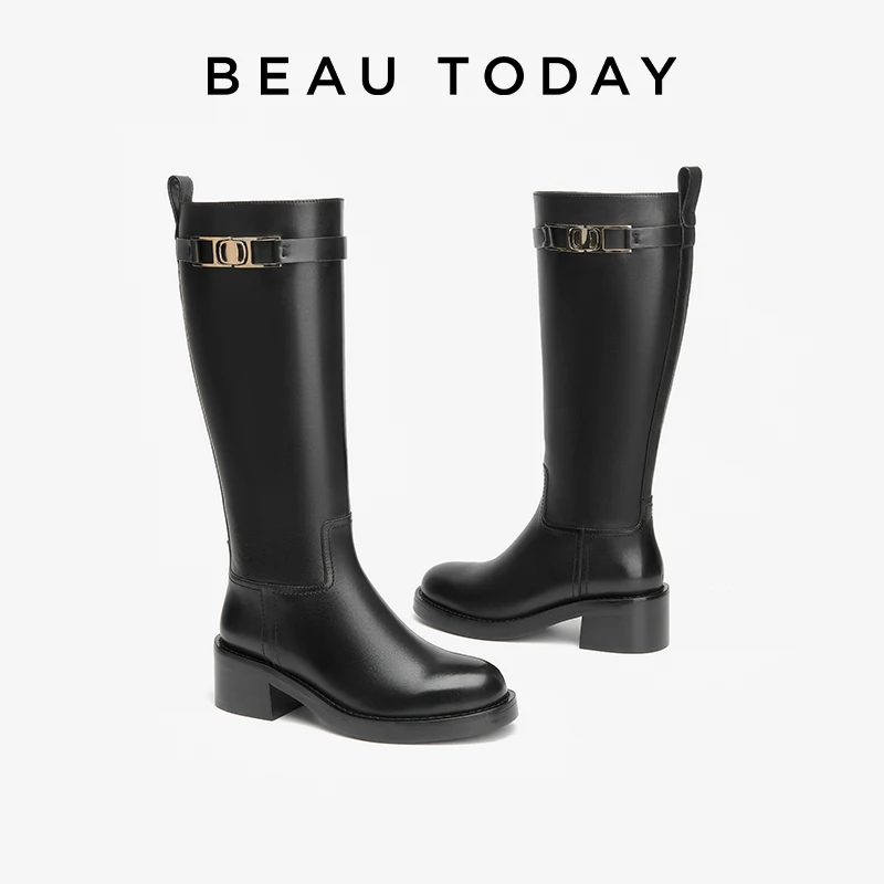 BEAUTODAY Genuine Leather Long Boots Women Calfskin Round Toe Riding Boots Buckle Decora Zipper Closure Ladies Shoes 01486