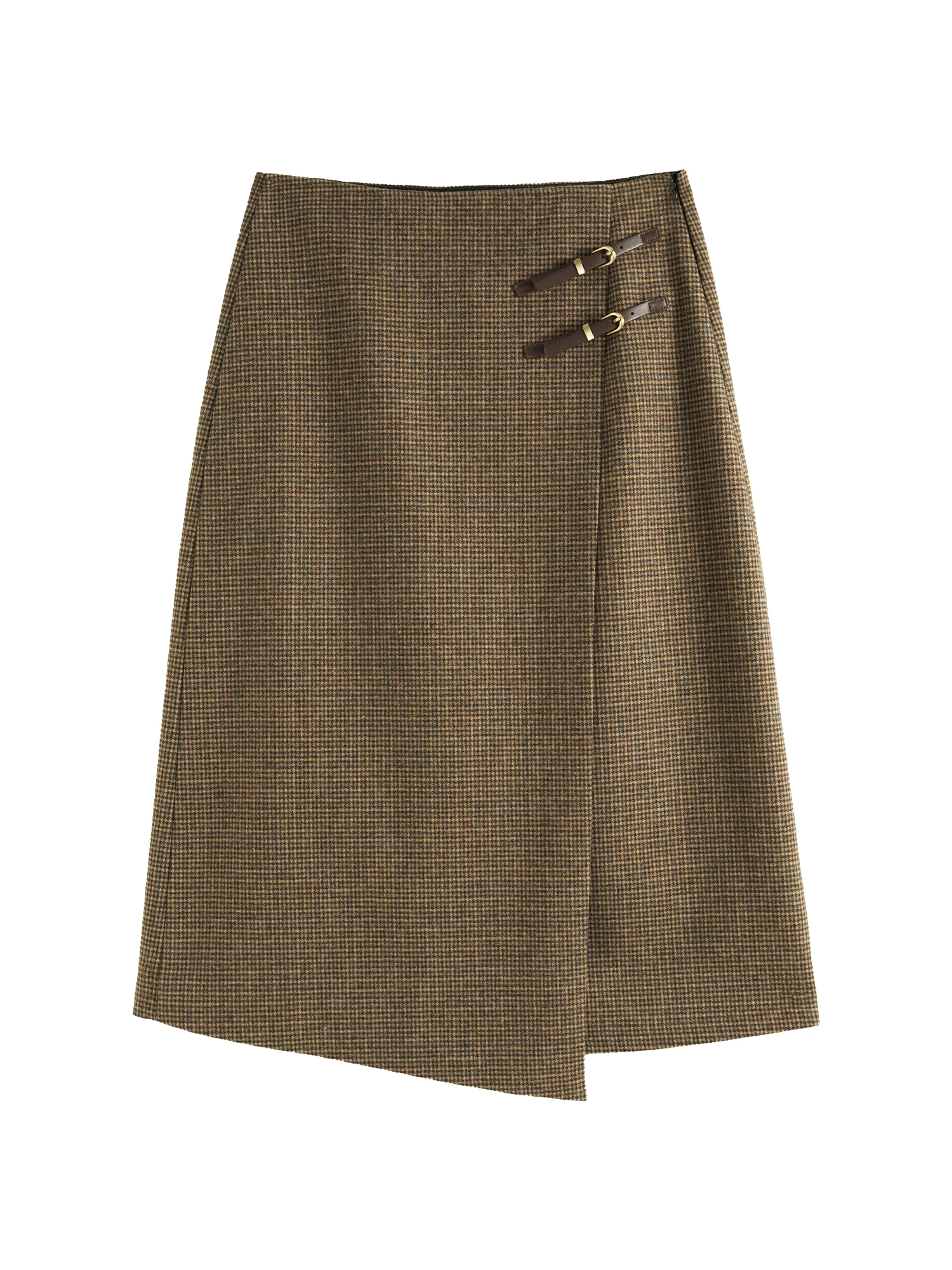 DUSHU 30.4% Wool Women Long A-LINE Skirts Brown Plaid Asymmetric Wool Skirt Winter Office Lady Zipper Waist Skirt 24DS84426