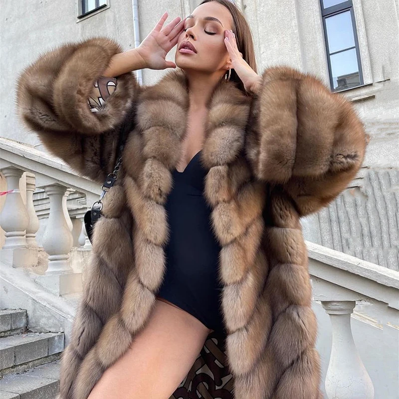 Lapel Loose Natural Fox Fur Overcoat Women Fashion Luxury Streetwear Outertwear Long Sleeve Warm Genuine Real Fur Coat Lady