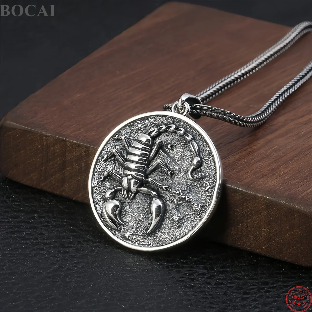 BOCAI S925 Sterling Silver Charms Pendants for Men Women Antique Relief Scorpion Round Charm Scorpio Sign Fine Choice Jewelry