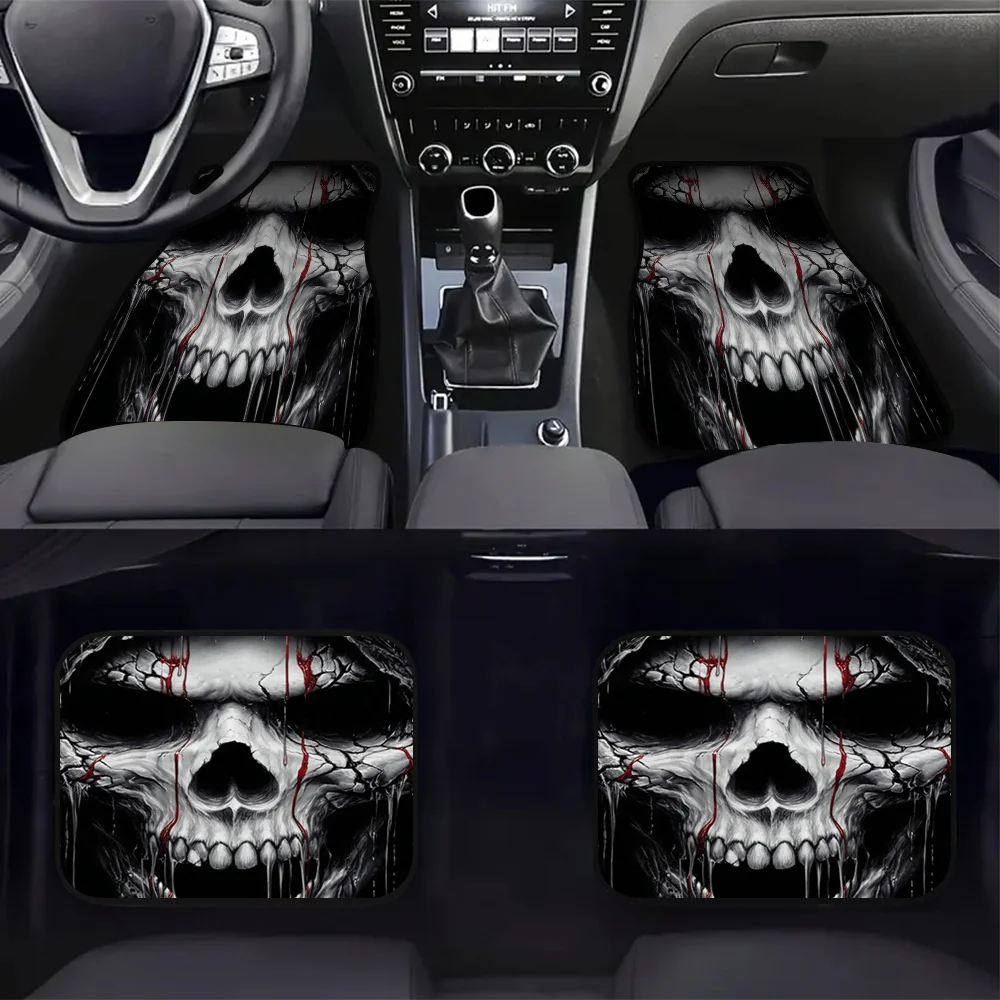4pcs Gothic Car Floor Mats | Black & White Skull & Red Drip Design - Heavy-Duty Fit For Driver/Passenger/Rear/Trunk - Horror-The
