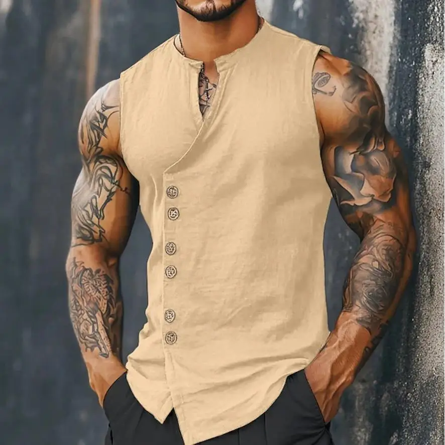 Men's Sleeveless Casual Sports T-shirt 2026 Cross-Border Hot Sale Bright Thread Flocking City Walk Vintage Style Pure Color