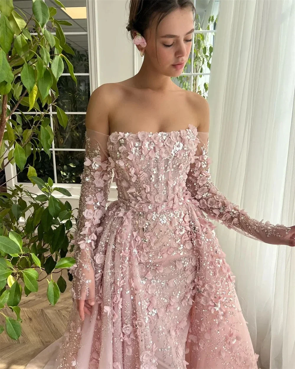 Flowers Strapless Long Sleeve A Line Formal Occasion Evening Gown Arab Saudi Evening Dresses Plus Size