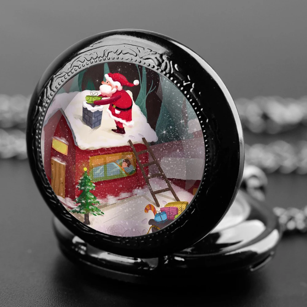 Orologio da tasca al quarzo con cupola in vetro di Babbo Natale di buon Natale con catena resistente Quadrante con numeri arabi Regali straordinariosi per i bambini