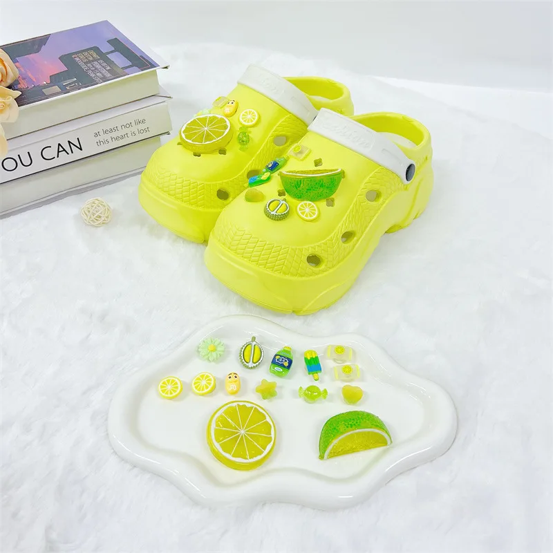 14Pcs Summer 3D Fruit Lemon DIY Shoe Charms For Clogs Bubble Slides Sandals Removable Shoe Decorations Accessories Xtmas Gift