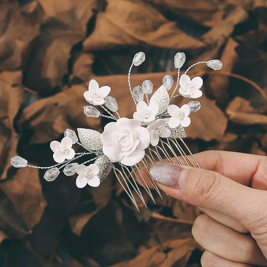 Hand Made White Ceramic Flower Bridal Hair Comb Exquisite Crystal Beaded wedding hair piece jewerly