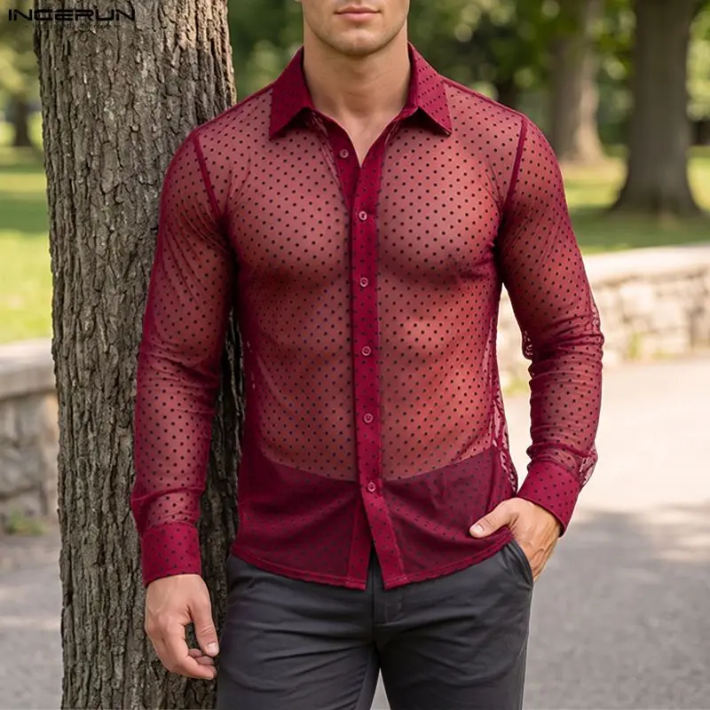 Men Shirt Polka Dot Printing Lapel Long Sleeve Button Men Clothing Mesh See Through Streetwear Loose Fashion Male Shirts INCERUN