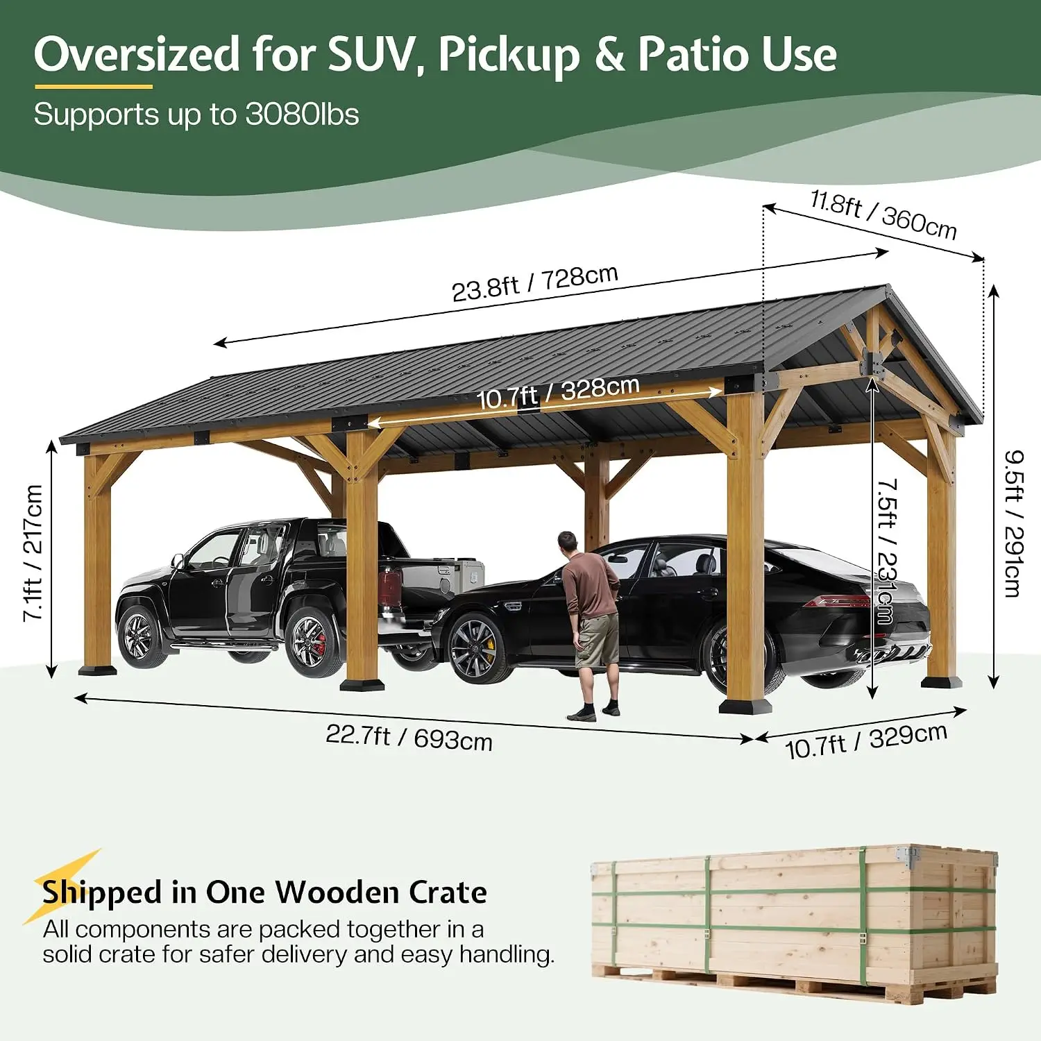 Cedar Wood Carport with Galvanized Steel Gable Roof 12x24x9.5 FT, Customized