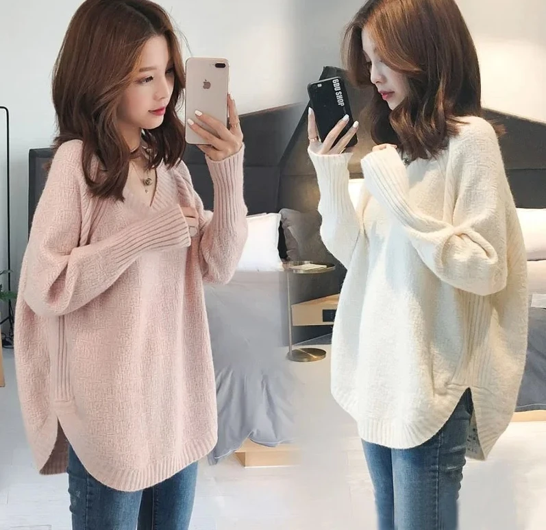 

Long Sleeve Spring Season ClothingThickened V-neck Idle Style Pullover Sweater Women's Loose Fit Outerwear Knit Top