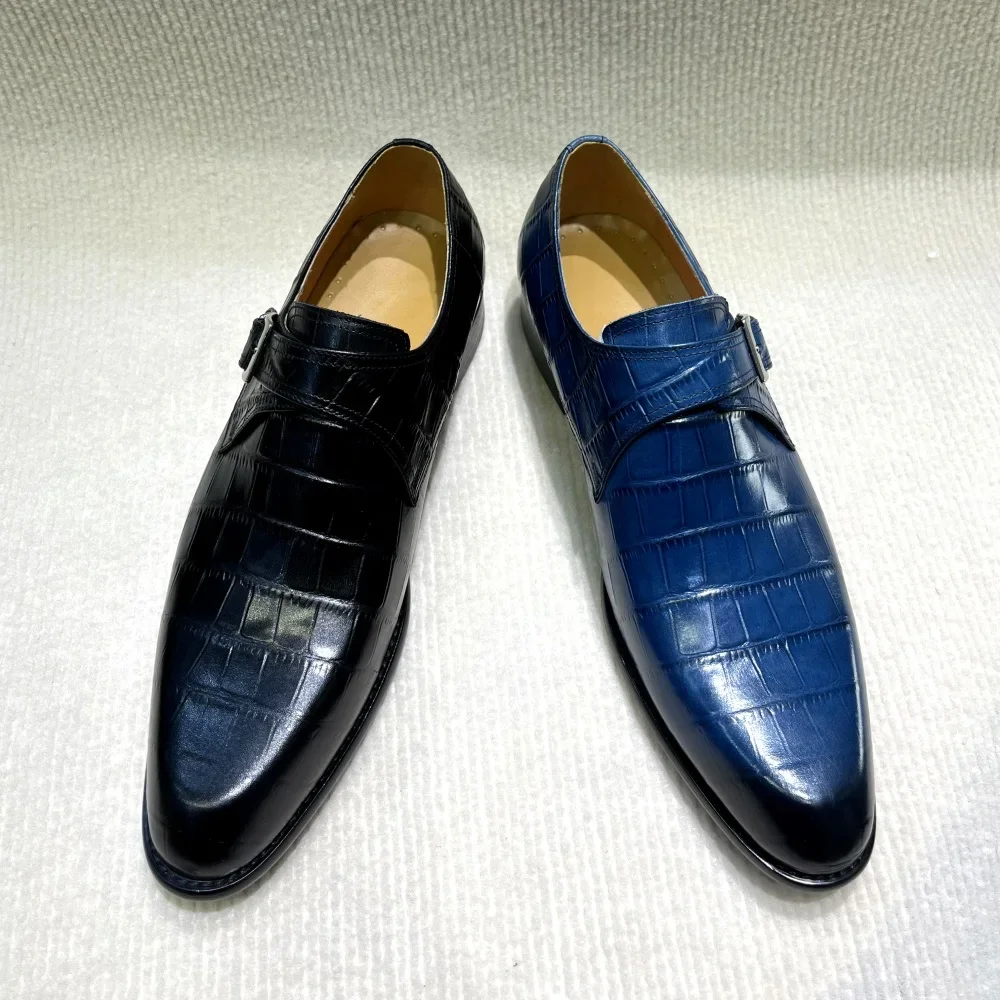 Classic Men's Oxfords Genuine Leather Plain Toe Handmade Lace-Up Office Business Dress Shoes Blue Wedding Formal Footwear - view 3