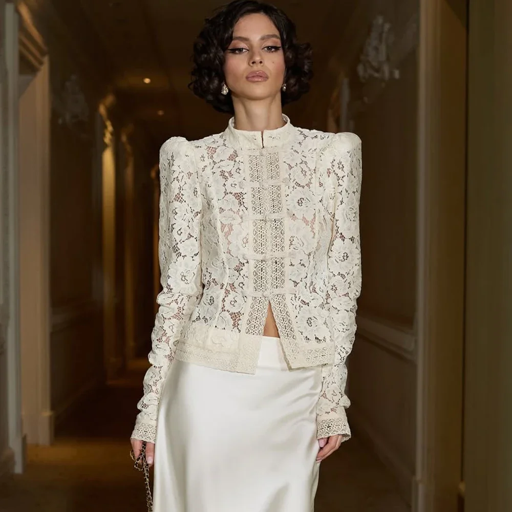 Luxury Lace Blouse Fashion Lace Print Single Breasted Slim Shirt Vintage Elegant Party Looks Summer Women Blouse Tops