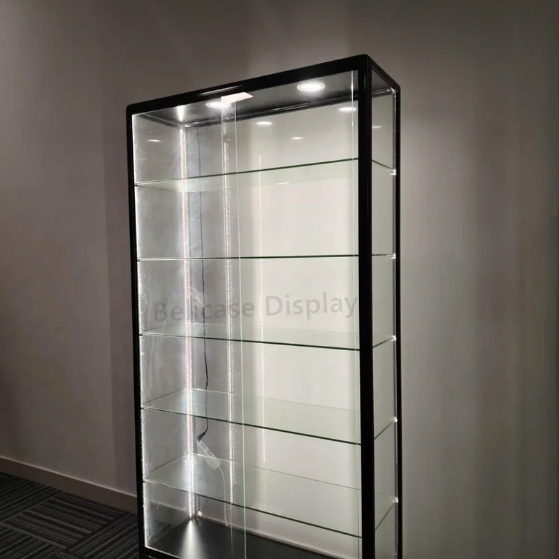 (Customized) high quality retail store furniture lockable glass showcase display cabinet with LED lighting glass vitrine