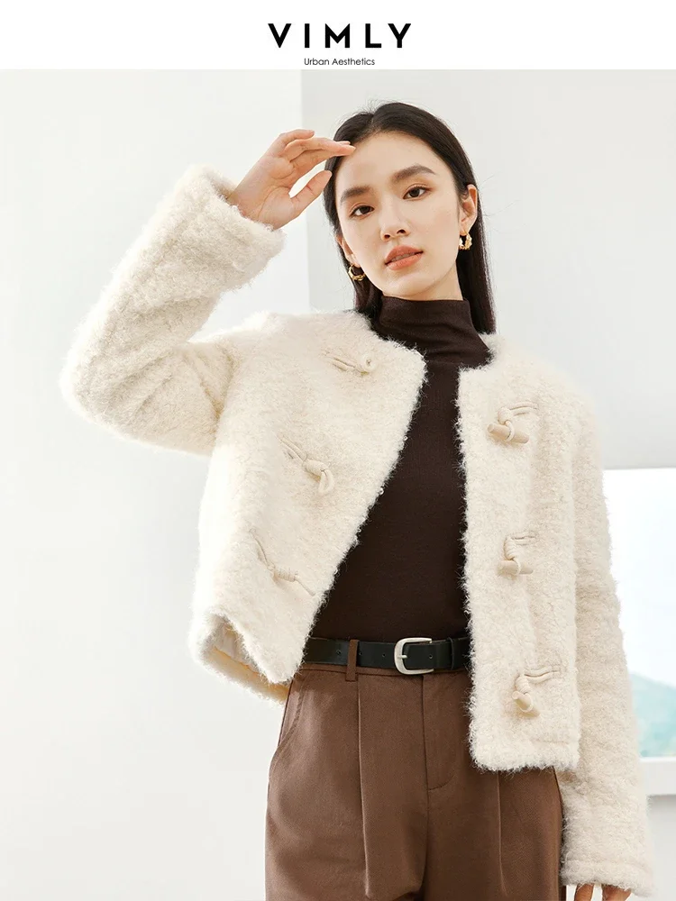 

Vimly Cropped Quilted Jacket Horn Button O-neck Long Sleeve Wool Coat 2023 Winter New Thick Warm Elegant Overcoat Female M5376