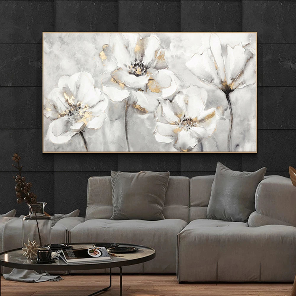 

Abstract White and Golden Flower Canvas Painting Modern Prints and Posters Wall Art Pictures for Living Room Home Decor Unframed