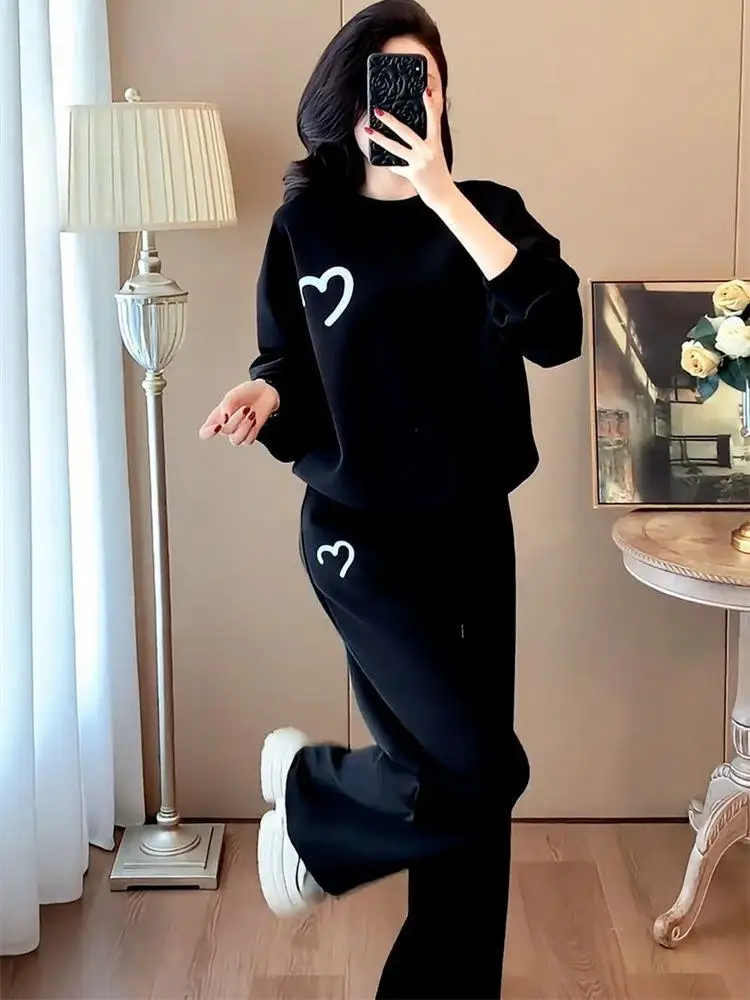 Women Winter Thick Warm Fleece Liner Tracksuit O Neck Sweatshirt Wide Leg Pants Two Piece Outdoor Running Set Jogging Sportswear