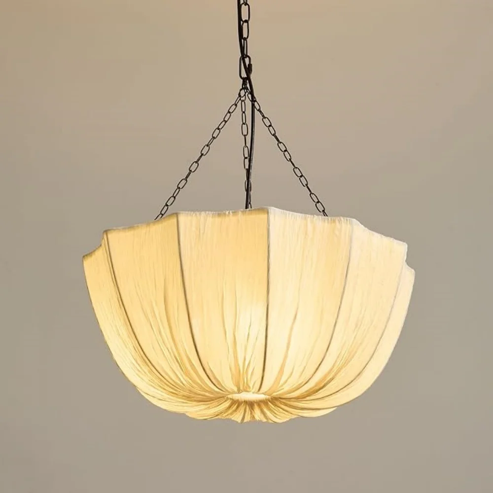 Retro Minimalist Fabric Pendant Lamp LED Iron Chain Chandelier Living Dining Room Bedroom Hanging Light Fixture