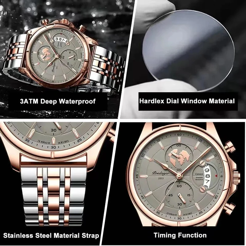 POEDAGAR Sport Chronograph Quartz Watch Stainless Steel Waterproof Date Mens Watches Top Brand Luxury Watch Relogio Masculino