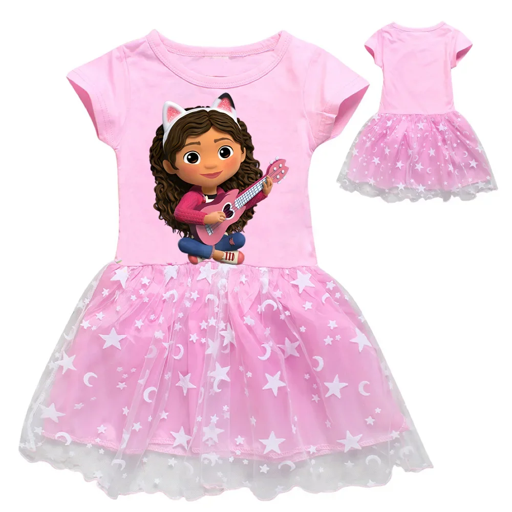 Gabby Doolhouse Clothes for Baby Girls Summer Short Sleeve Dresses Kids Cartoon Gabby Cats Dress Children Lace Princess Vestidos