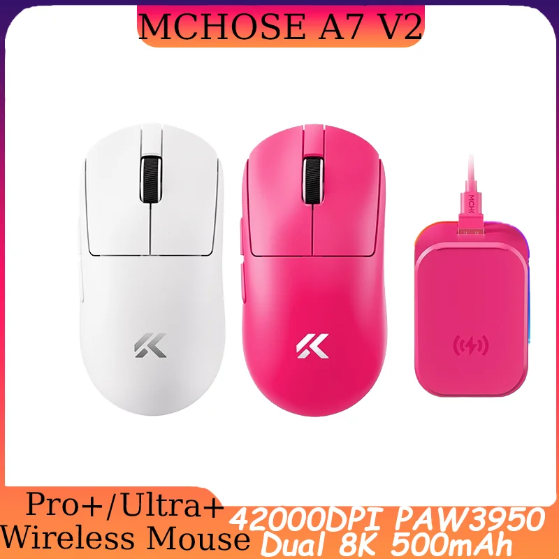 

MCHOSE A7 V2 Pro +/Ultra + легкая беспроводная мышь, двойная 8k, три режима для киберспорта, Bluetooth PAW3950, эргономичная мышь, 500 мАч