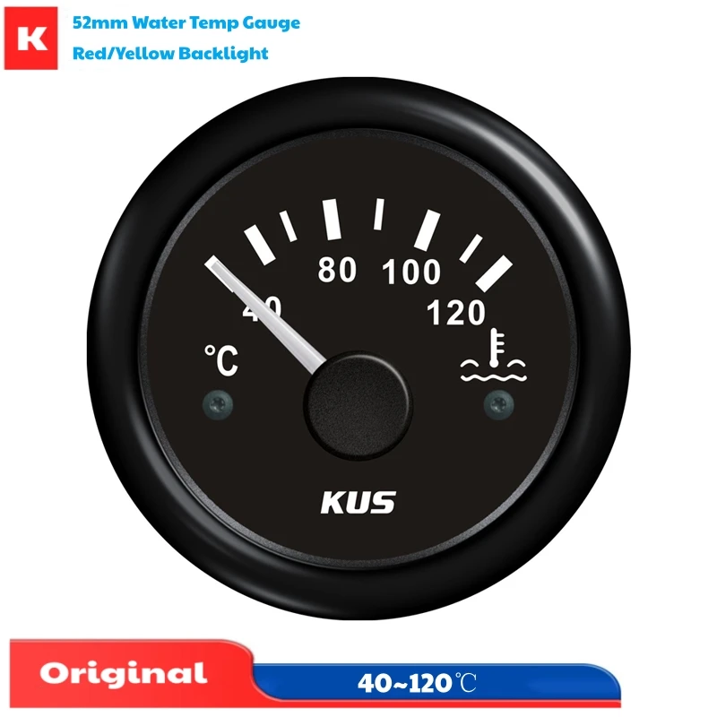 KUS Auto Instrument Panel Water Temperature Gauges 52mm 40-120℃ Show Black Water Temp Meters Red /Yellow Backlight