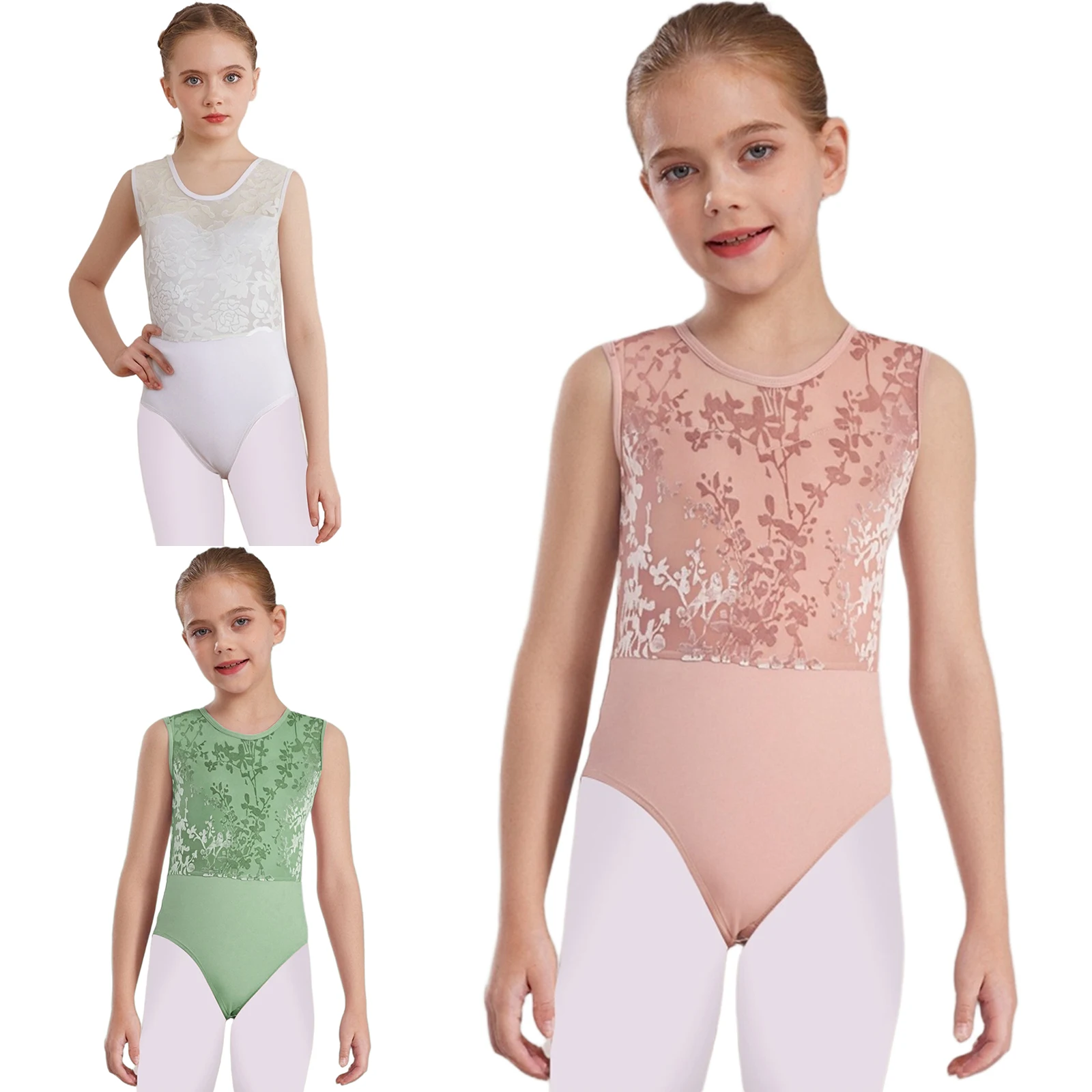 Kids Girls Ballet Practice Performance Dance Leotards Lyrical Sleeveless Velvet Printed Mesh Ballet Gymnastics Dance Leotard