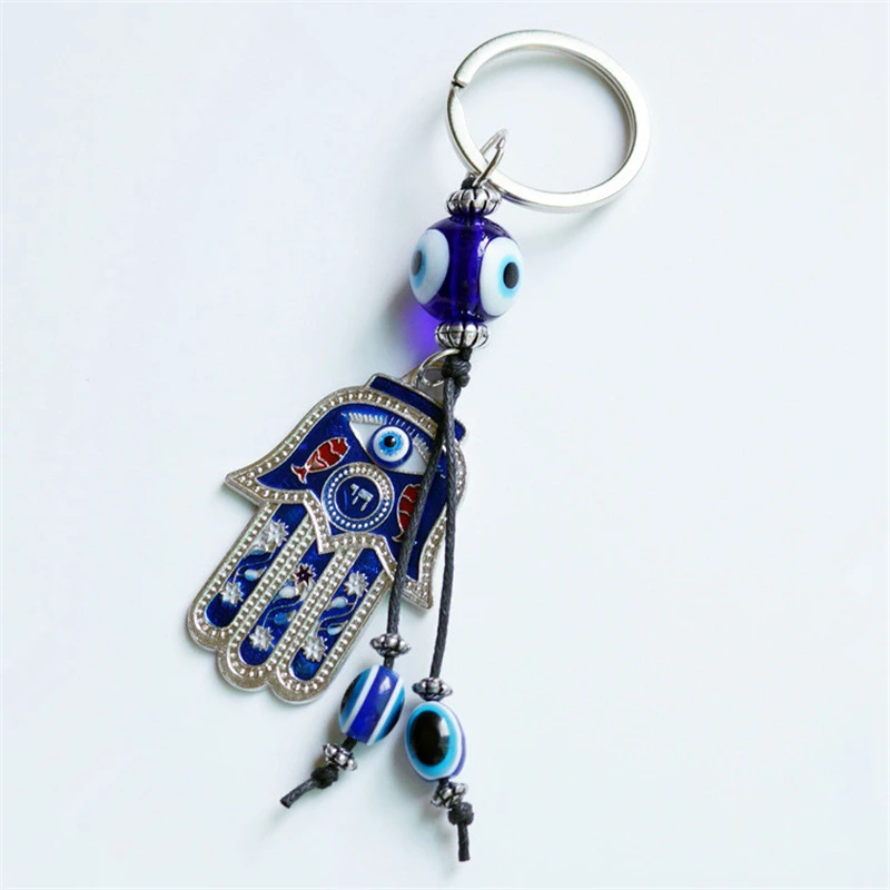 1PC Hand Of Fatima Blue Eyes Pendant Alloy Glass Demon Eye Key Chain Turkish Hamsa Hands Souvenir Jewelry Handmade Wall Hangings