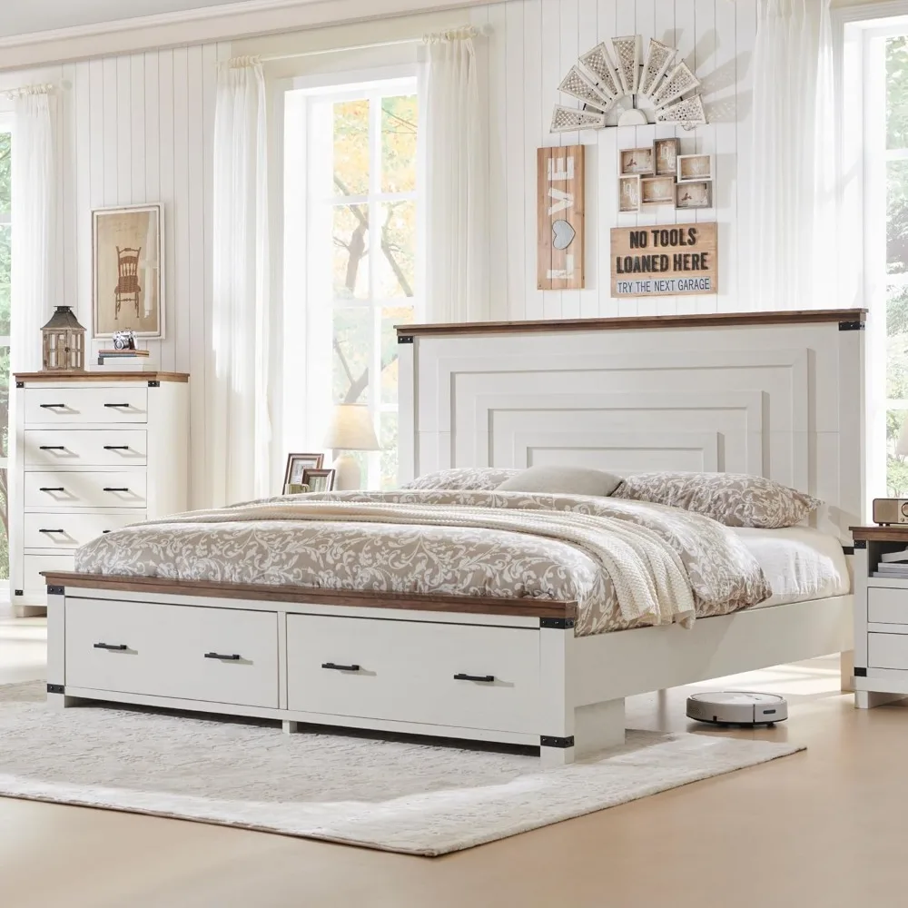 

Rustic King-Size Wood Bed Frame with 54" High Geometric Headboard and Storage Drawers