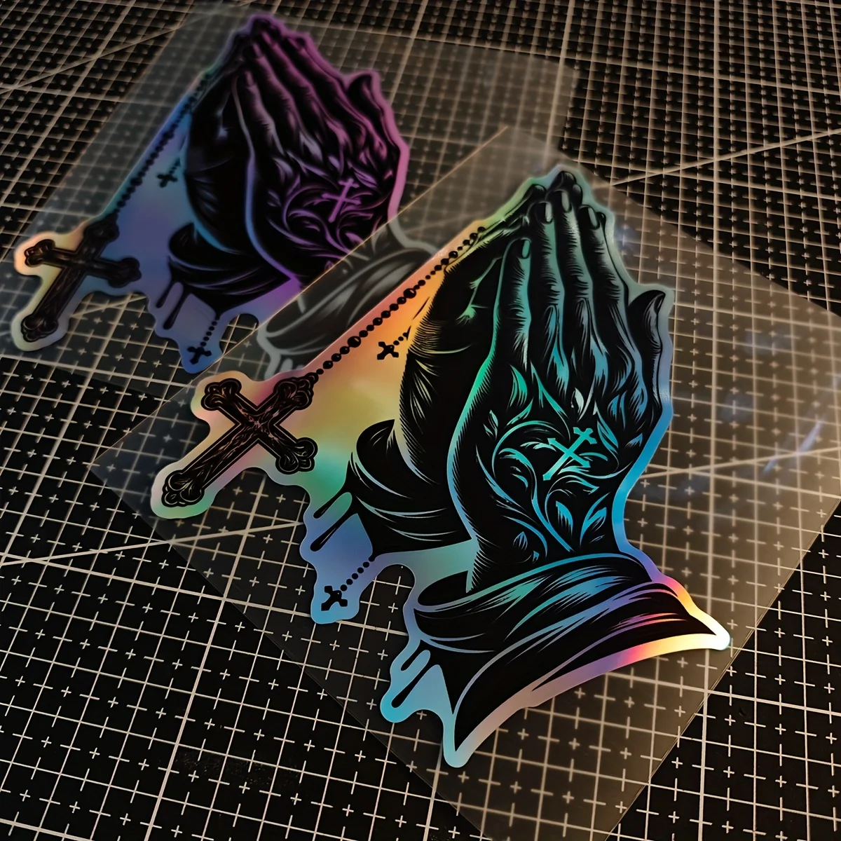 1Pc Laser-Cut Christian Prayer Hands Cross Sticker Black Purple Gradient Vinyl Decal for Motorcycle