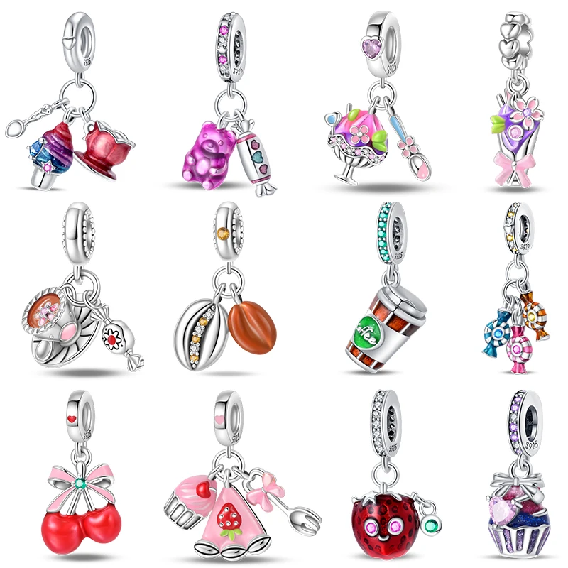 

New 100% 925 Sterling Silver Strawberry Cake Afternoon Tea Dessert Charms Beads Fit Pandora 925 Original Bracelets DIY Jewelry