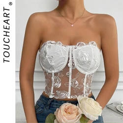 Toucheart Lace Sexy Crop Top Vest Hollow Out Sleeveless Padded Rose Flower Print Bralette Bra Bustier For Women Cropped Vest New