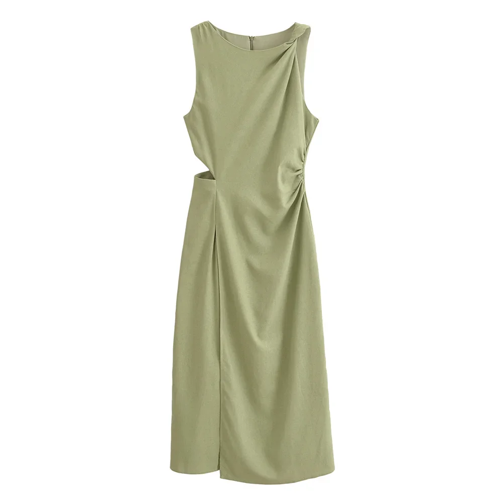 

LIBIELIY LIBIELIY 2025 Summer New Women's European And American Style Fashion Slim Fit Linen Blended Open Design Midi Dress