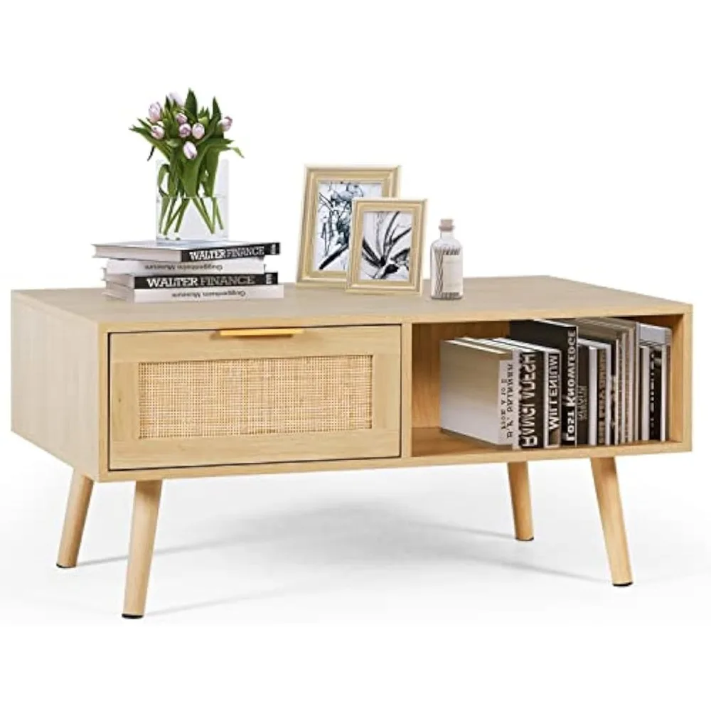 

Rattan coffee table, mid-century modern center rectangular tables, 2 drawers, open storage shelf, wooden small media table