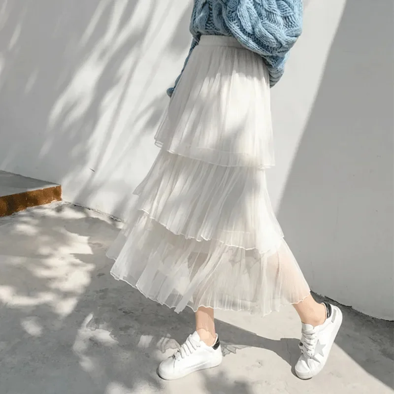 Tutu Tulle longue Maxi jupe femmes mode 2025 coréen mignon rose taille haute jupe plissée maille femme dame esthétique Faldas
