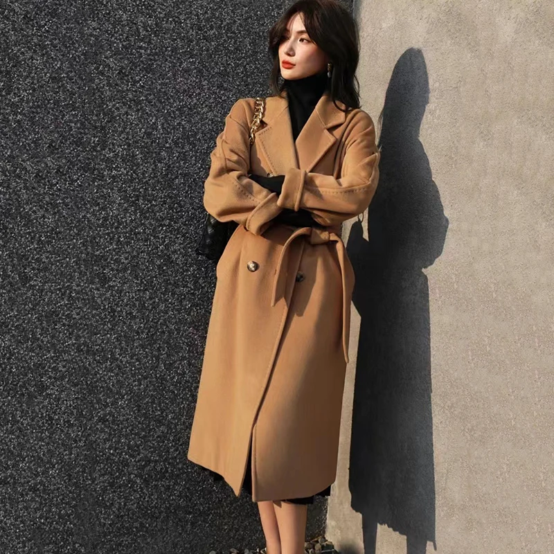 Winter Fashion Faux Woolen Coats Women Korean Elegant Solid Thick Belt Long Jacket Y2K Ladies Loose All Match Blends Outwear New