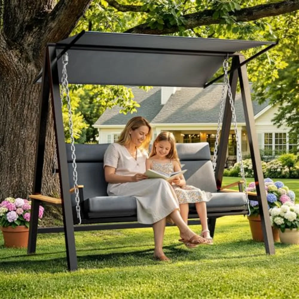 3-4 Seat Porch Swing with Stand, 990 lb Capacity, Black | 4-in cushions, breathable Textilene, 3-in-1 pillow