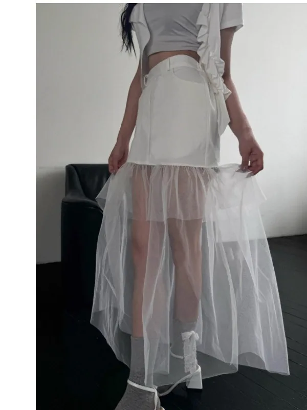 Chic Dreamy Fairy Tulle Splice Fake Two-Piece High Waist A-Line Skirt Women's High Waist A-Line Atmosphere Skirt Sweet Style