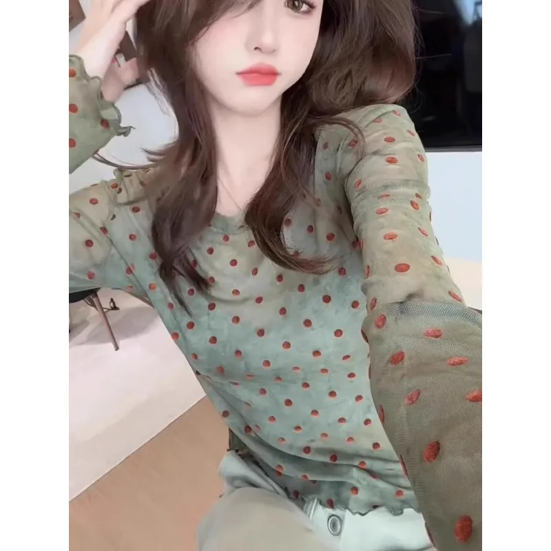 

Long-sleeved High-end Printed Polka Dot T-shirt Women's Summer Thin Sun Protection Blouse with Western Style TopYY11