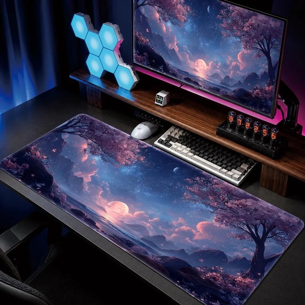 Dreamy Cherry Blossom Moonlight Mountain Sea Mouse Pad - Durable and Long-lasting Office and Gaming Computer Desk Pad Home Desk