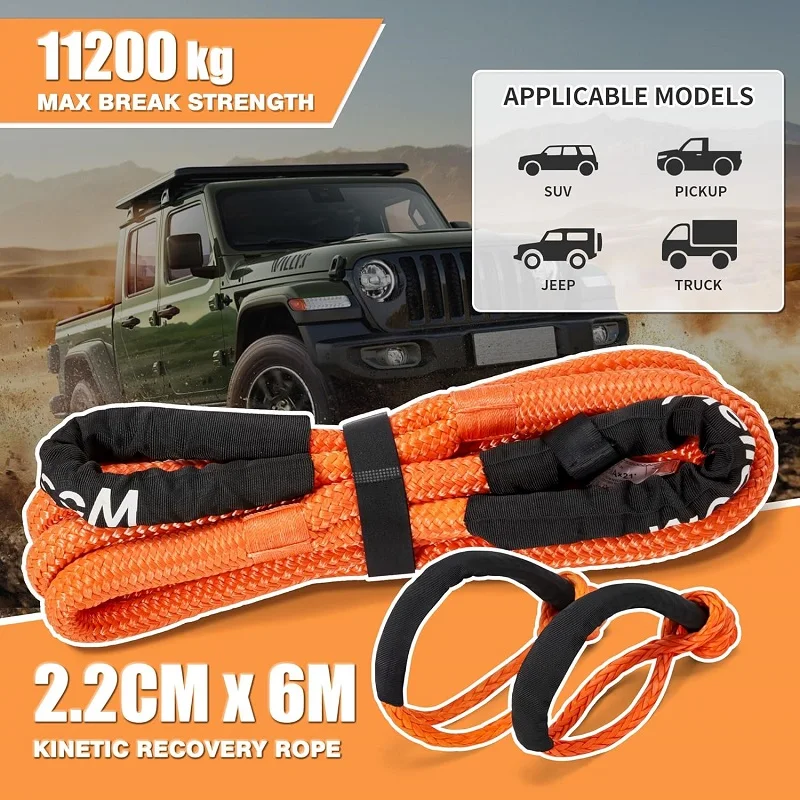 Kinetic Recovery Tow Rope with 2 Soft Shackles,9m Elongation over 30% Heavy Duty Tow Strap for Car Pickup Tractor Jeep RV etc.