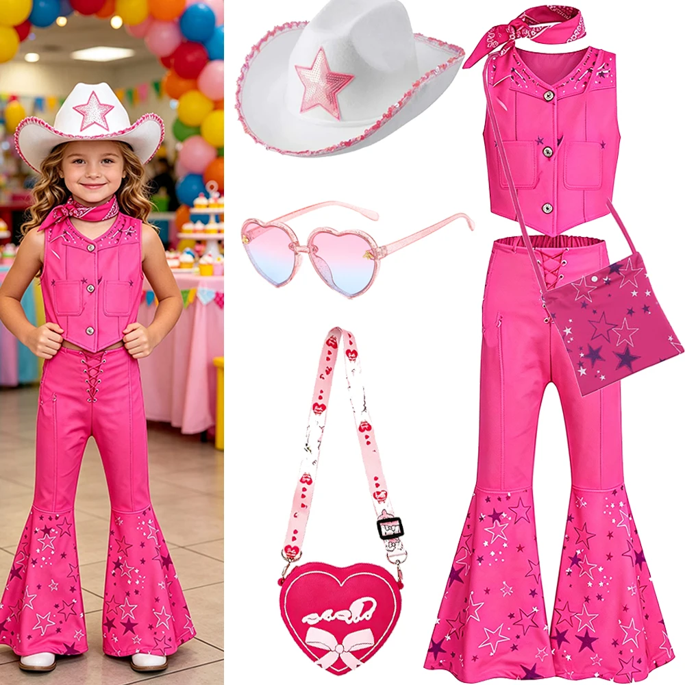 Rosa Cowgirl-Kostüm für Mädchen, Outfit-Set mit Cowboyhut, Weste und Hose, Bandana, Halloween-Kostüme, Geburtstagsparty, Cosplay – Detail 2